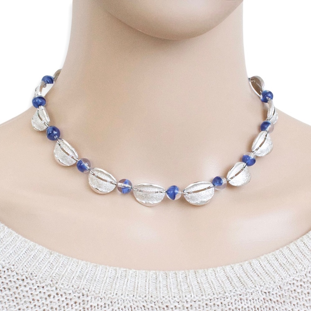 Vintage Trifari Blue Art Glass Bead Collar Necklace Silver Tone Link